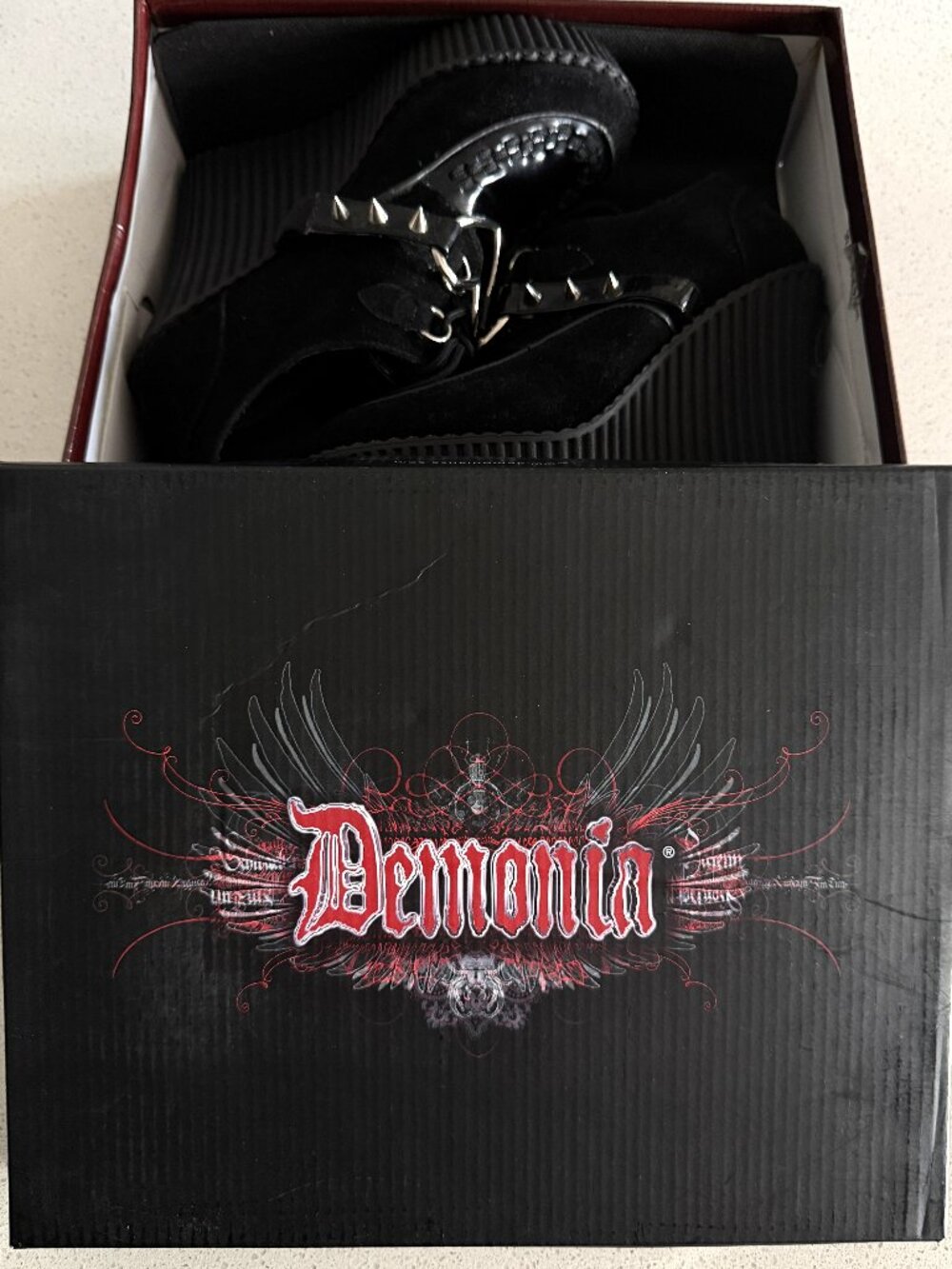 DEMONIA Creeper 302H Black Heart O-Ring & Spikes Vegan Suede | 9M| NWB - Picture 10 of 11